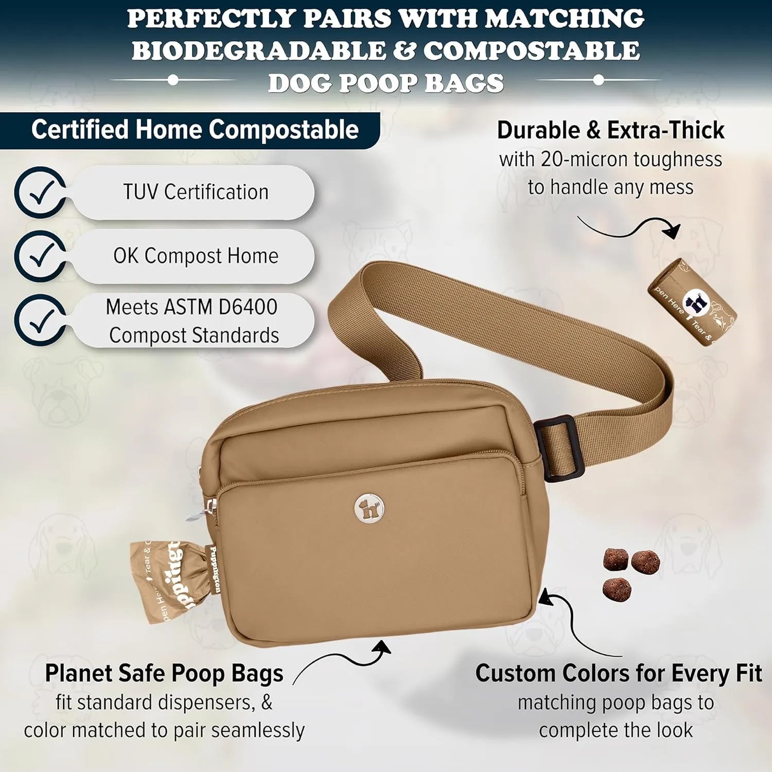 3-in-1 Crossbody Dog Walking Bag & Treat Pouch with Matching Planet Safe Poop Bags & Built-In Dispenser - Dog Mom Gift for Puppy Training with Zippered Pockets (Latte Beige)
