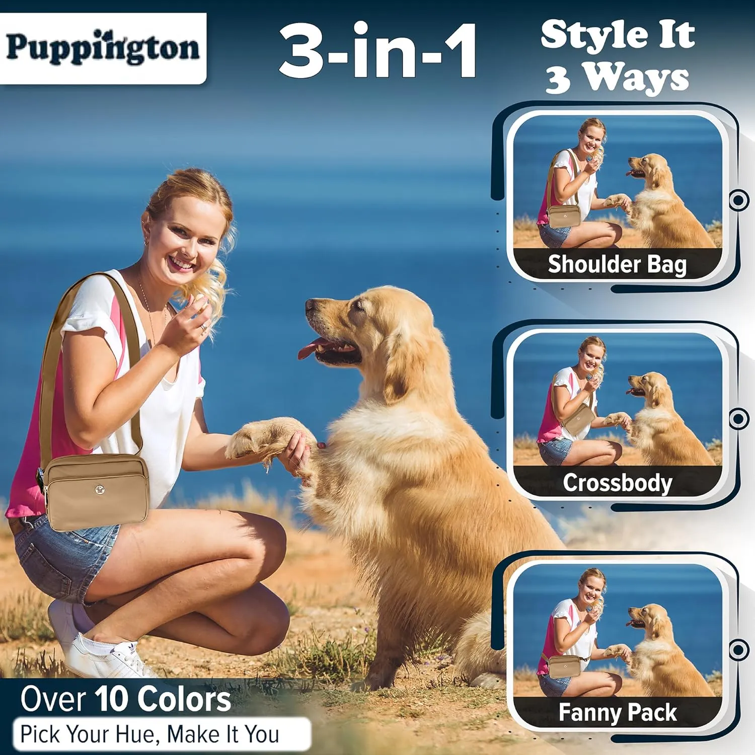 3-in-1 Crossbody Dog Walking Bag & Treat Pouch with Matching Planet Safe Poop Bags & Built-In Dispenser - Dog Mom Gift for Puppy Training with Zippered Pockets (Latte Beige)
