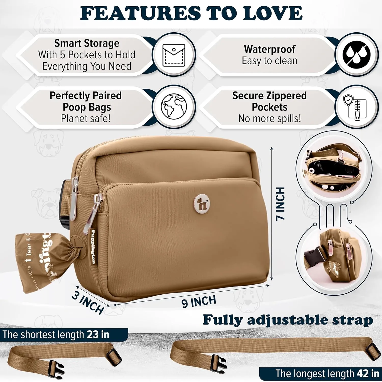 3-in-1 Crossbody Dog Walking Bag & Treat Pouch with Matching Planet Safe Poop Bags & Built-In Dispenser - Dog Mom Gift for Puppy Training with Zippered Pockets (Latte Beige)