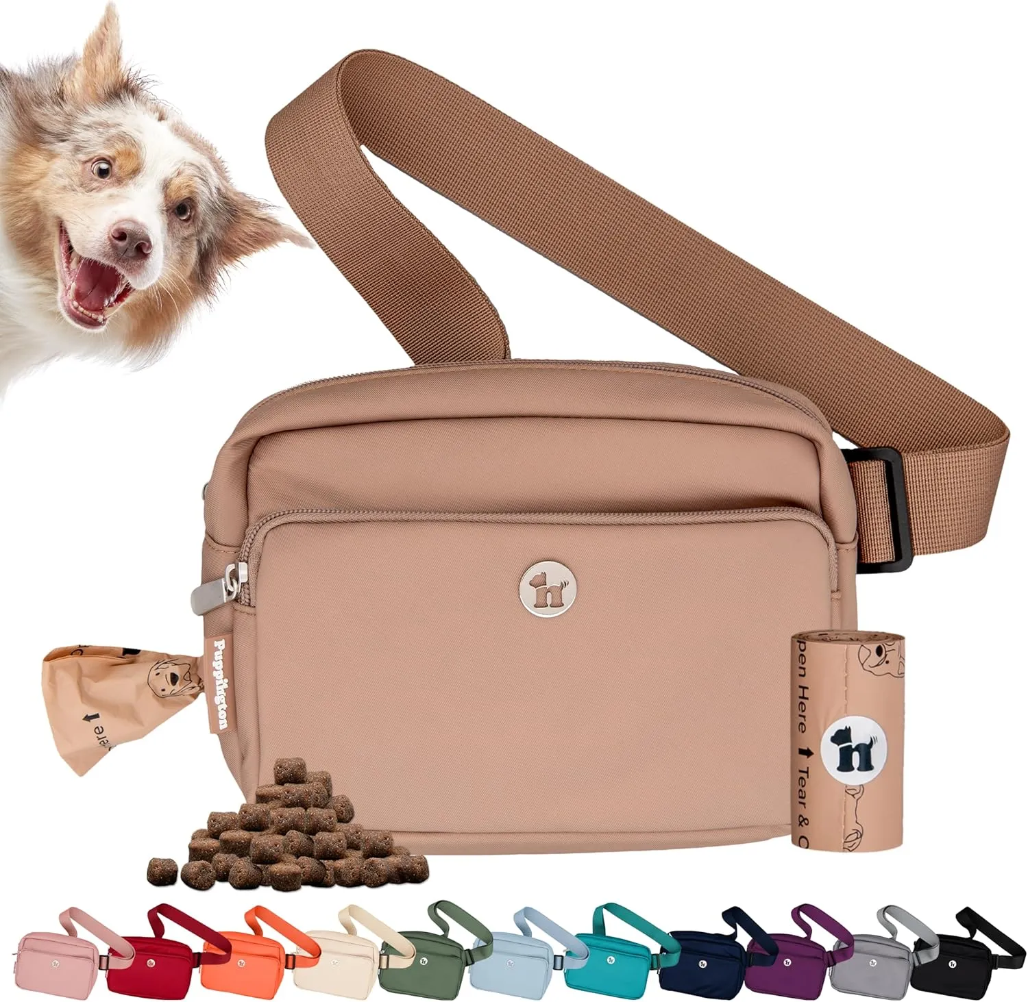 3-in-1 Crossbody Dog Walking Bag & Treat Pouch with Matching Planet Safe Poop Bags & Built-In Dispenser - Dog Mom Gift for Puppy Training with Zippered Pockets (Latte Beige)
