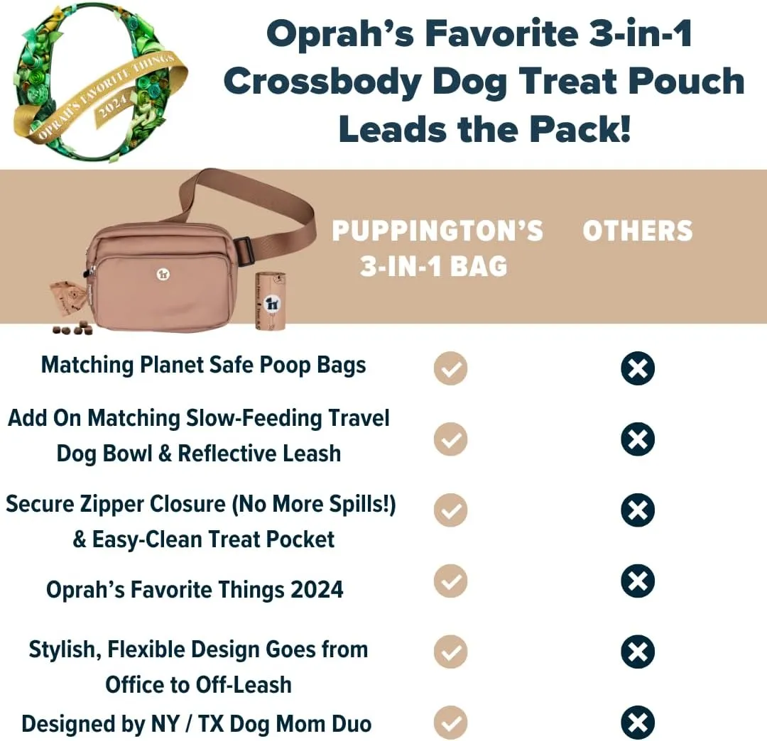 3-in-1 Crossbody Dog Walking Bag & Treat Pouch with Matching Planet Safe Poop Bags & Built-In Dispenser - Dog Mom Gift for Puppy Training with Zippered Pockets (Latte Beige)