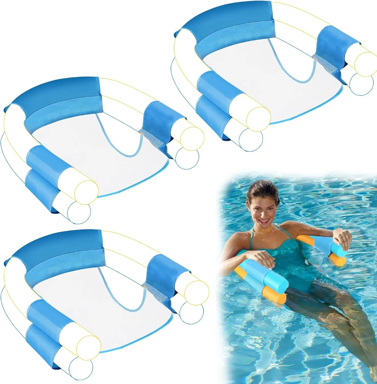 3 Pack Oversized Pool Noodle Chair,Pool Float Chair for Adults Kids-Allowed 3 Pool Noodles,Mesh Floating Pool Chair Noodle Slings,Sling Mesh Chair for Swimming Pool Noodles (Pool Noodle Not Included)