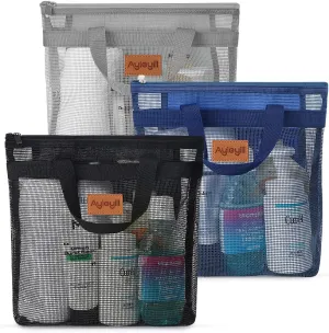 3 Pcs Portable Mesh Shower Caddy Tote, Quick Dry Tote Bag Mesh Beach Bags for Women, Hanging Toiletry and Bath Organizer for Travel Swimming Sports Gym Camp Shopping College Dorms (Black Gray D Blue)