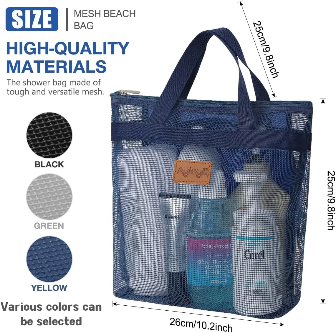 3 Pcs Portable Mesh Shower Caddy Tote, Quick Dry Tote Bag Mesh Beach Bags for Women, Hanging Toiletry and Bath Organizer for Travel Swimming Sports Gym Camp Shopping College Dorms (Black Gray D Blue)