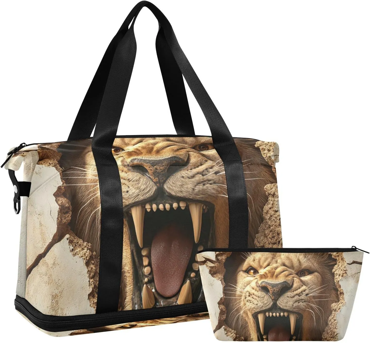3d Cracked Hole Angry Animal Lion Personal Item Travel Bag Gym Carry on Duffel Bags with Adjustable Strap for Trip Foldable
