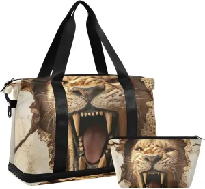 3d Cracked Hole Angry Animal Lion Personal Item Travel Bag Gym Carry on Duffel Bags with Adjustable Strap for Trip Foldable