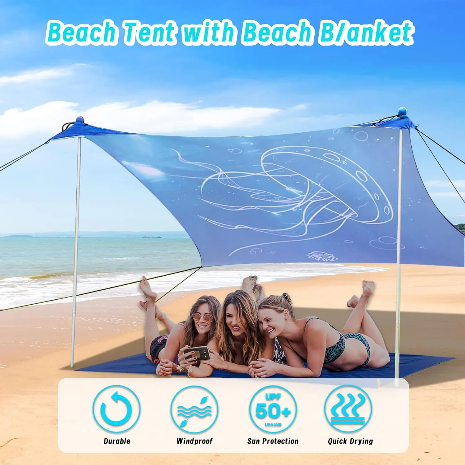 3D Printing Beach Canopy Tent Sun Shade with UPF 50  UV Protection, 7x6 FT Tent Sun Shelter Pop Up 2 Poles Outdoor Shelter for Beach, Camping, Fishing, Backyard and Picnics with Mat