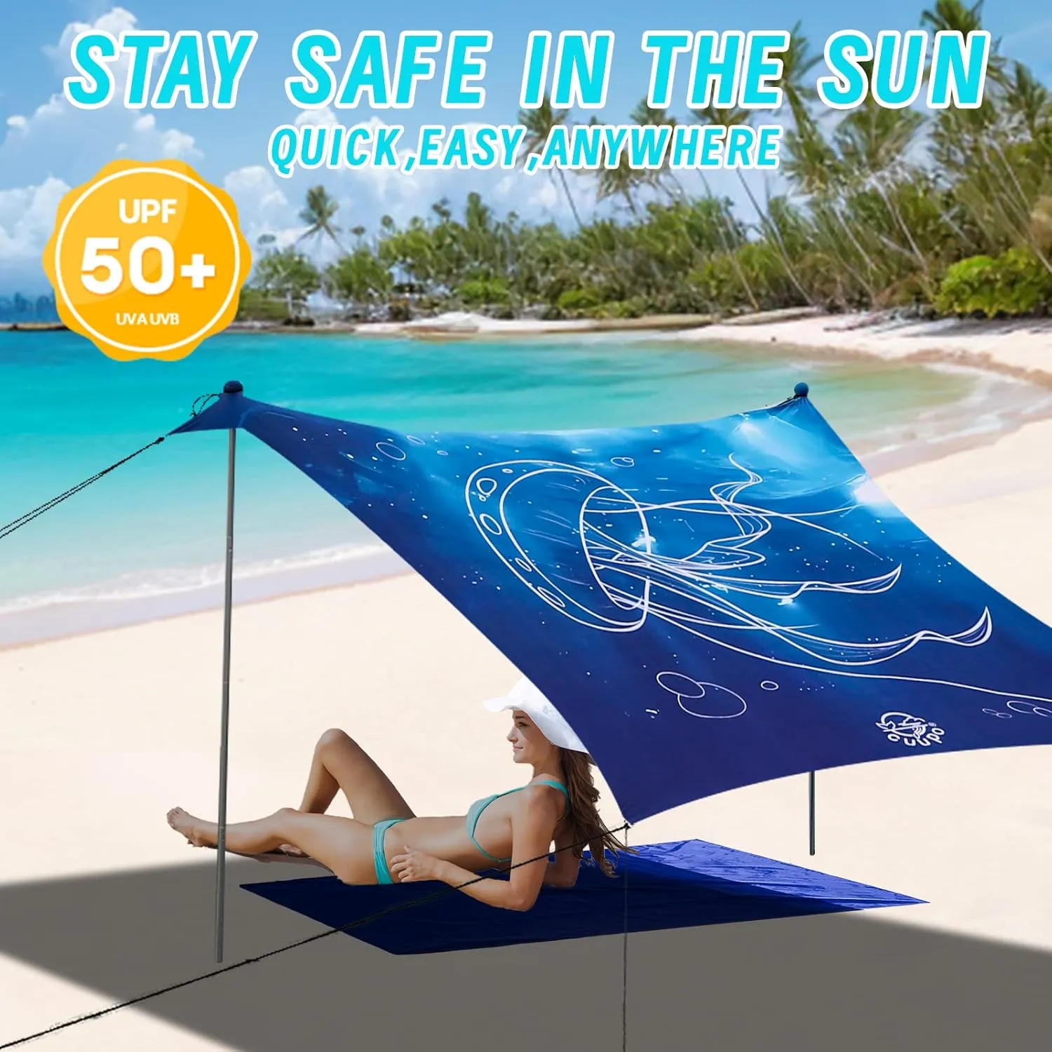3D Printing Beach Canopy Tent Sun Shade with UPF 50  UV Protection, 7x6 FT Tent Sun Shelter Pop Up 2 Poles Outdoor Shelter for Beach, Camping, Fishing, Backyard and Picnics with Mat