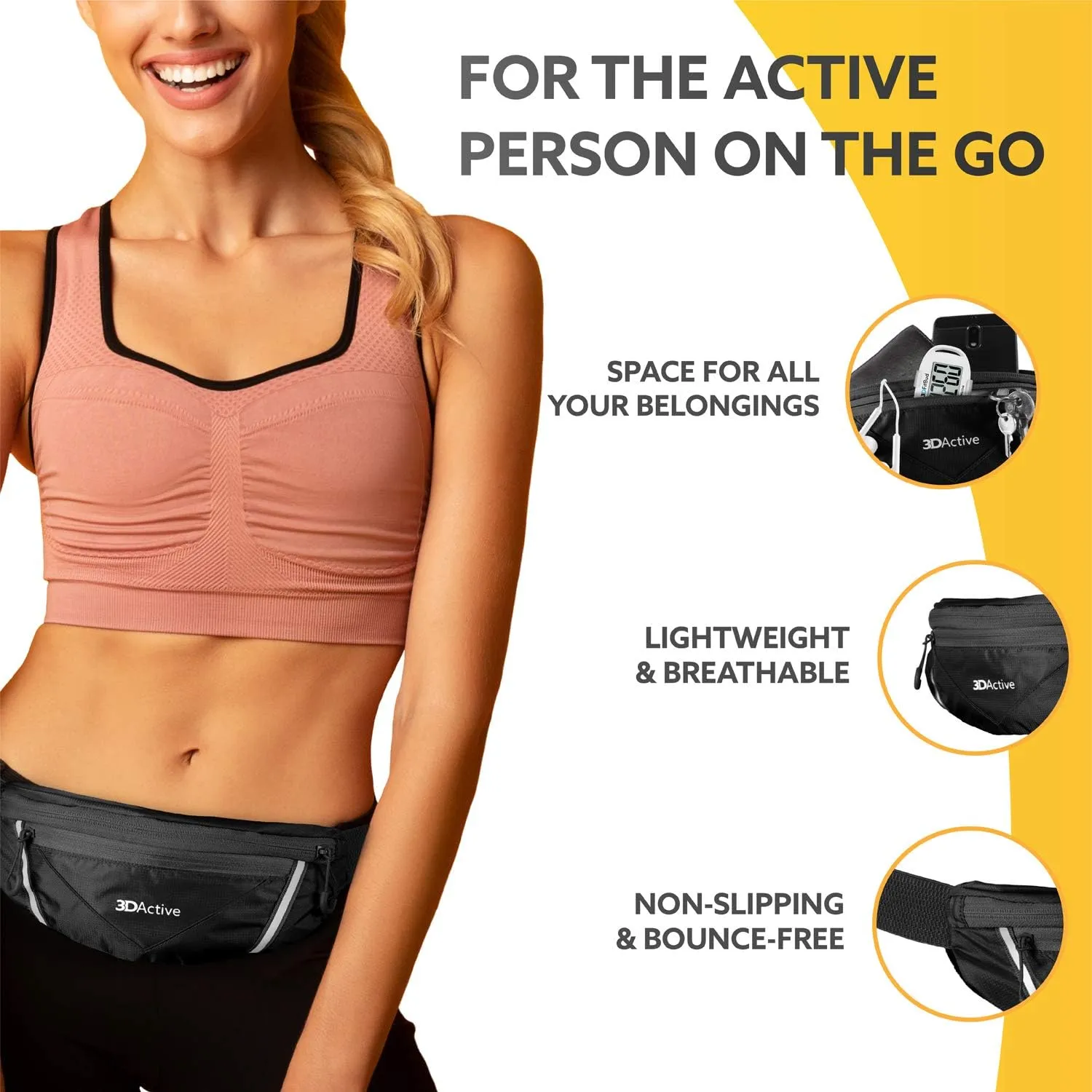 3DActive Running Belt PRO Waist Pack, Water Resistant Runners Belt, Workout Fanny Pack, Ultra-Lightweight, Adjustable, Reflective Running Pouch for Exercise, iPhone, Android & Accessories - Black