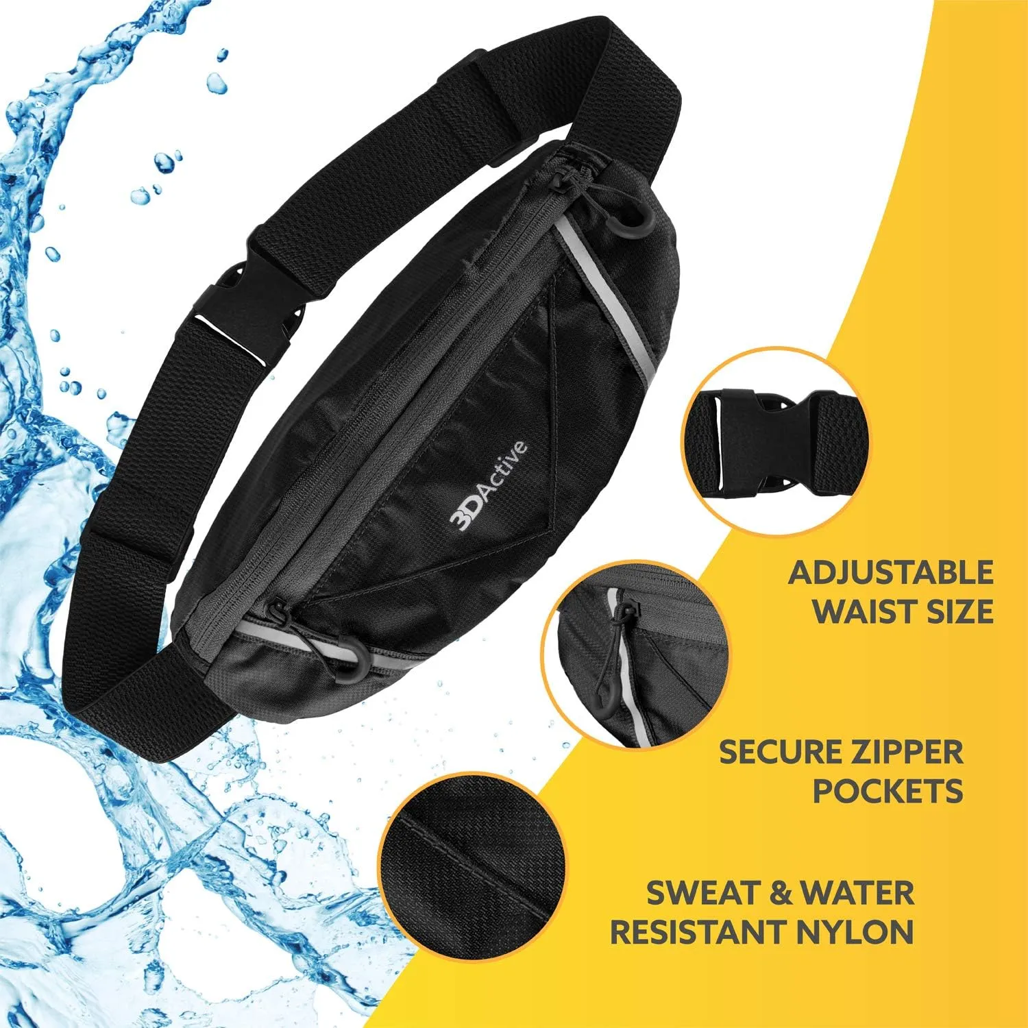 3DActive Running Belt PRO Waist Pack, Water Resistant Runners Belt, Workout Fanny Pack, Ultra-Lightweight, Adjustable, Reflective Running Pouch for Exercise, iPhone, Android & Accessories - Black