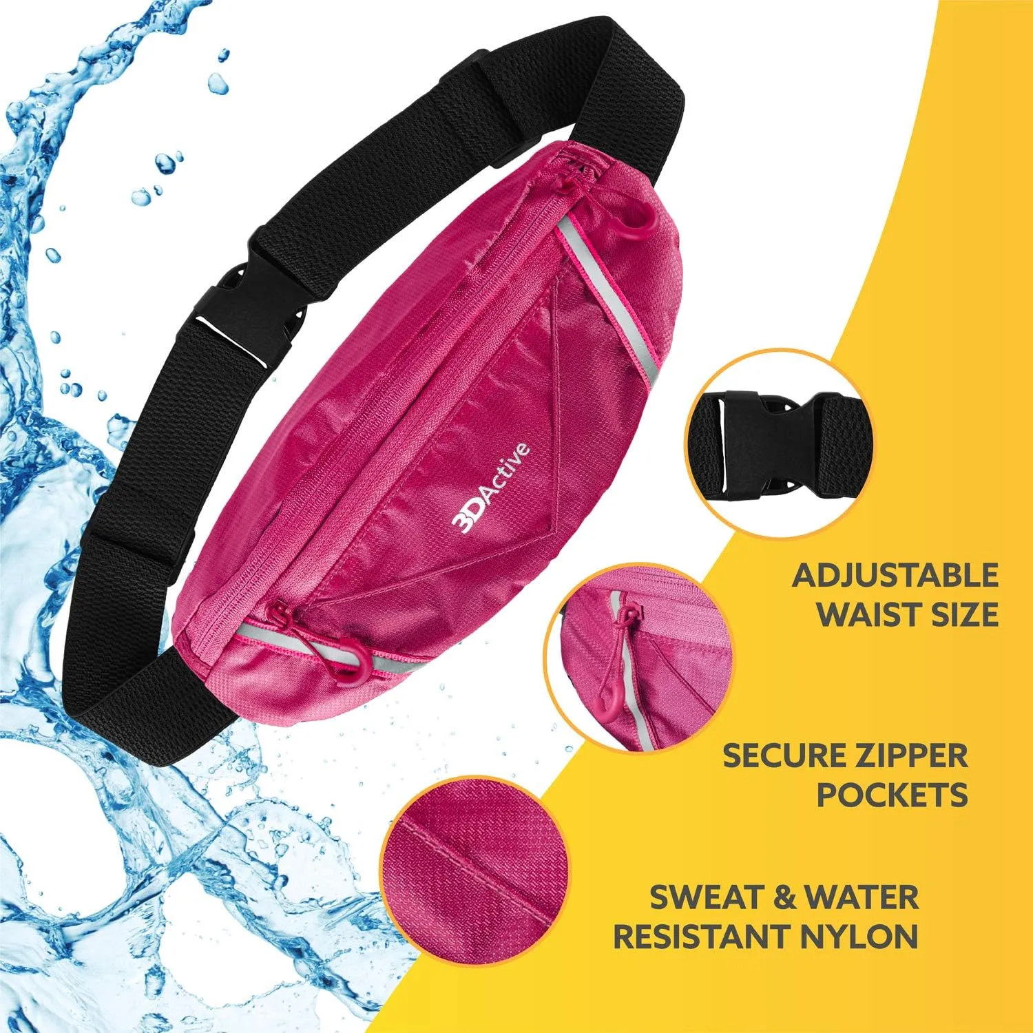 3DActive Running Belt PRO Waist Pack, Water Resistant Runners Belt, Workout Fanny Pack, Ultra-Lightweight, Adjustable, Reflective Running Pouch for Exercise, iPhone, Android & Accessories - Magenta