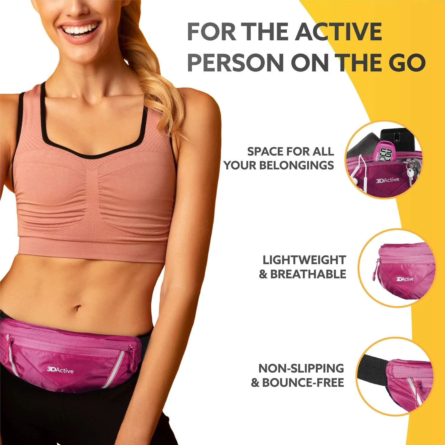 3DActive Running Belt PRO Waist Pack, Water Resistant Runners Belt, Workout Fanny Pack, Ultra-Lightweight, Adjustable, Reflective Running Pouch for Exercise, iPhone, Android & Accessories - Magenta
