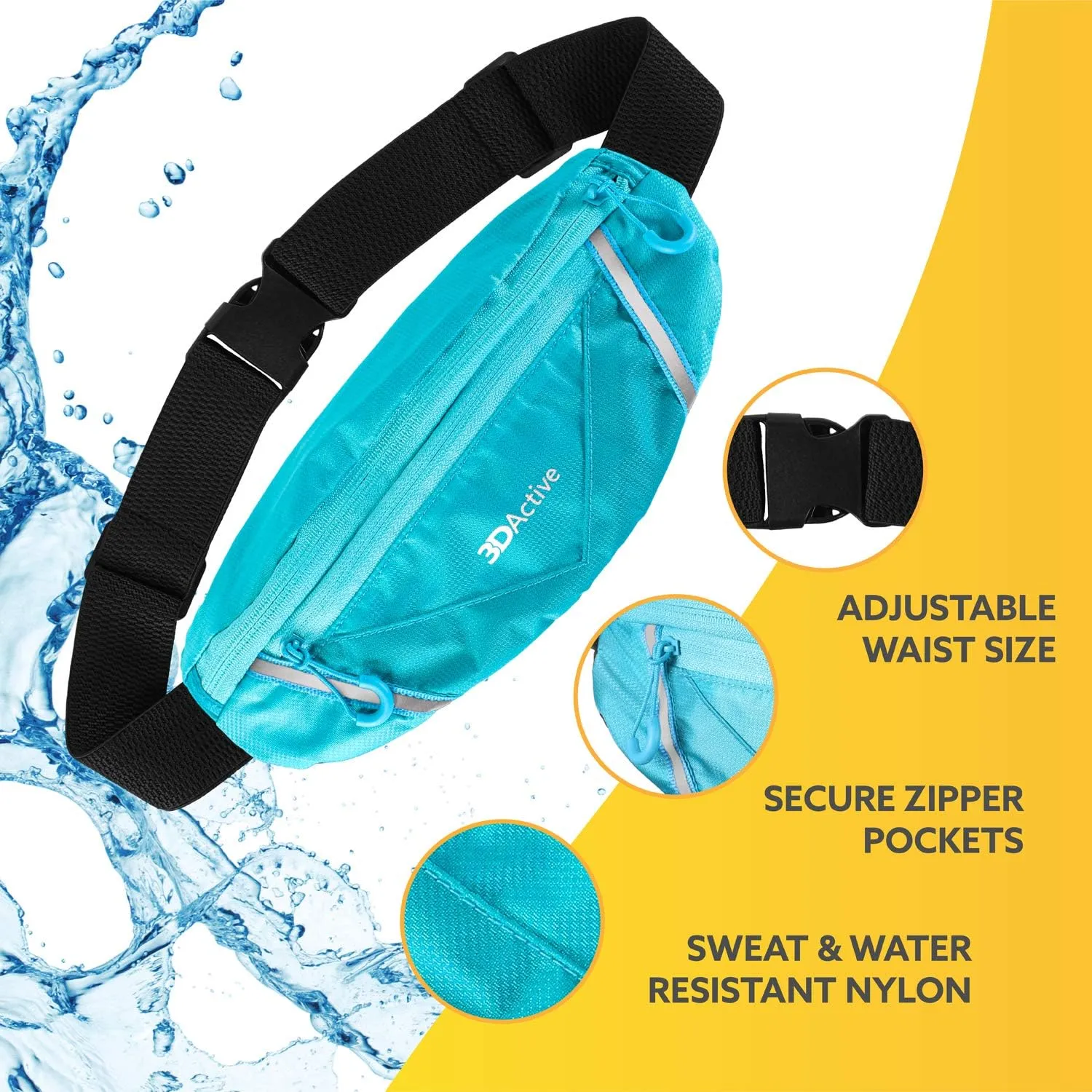 3DActive Running Belt PRO Waist Pack, Water Resistant Runners Belt, Workout Fanny Pack, Ultra-Lightweight, Adjustable, Reflective Running Pouch for Exercise, iPhone, Android & Accessories - Sky Blue