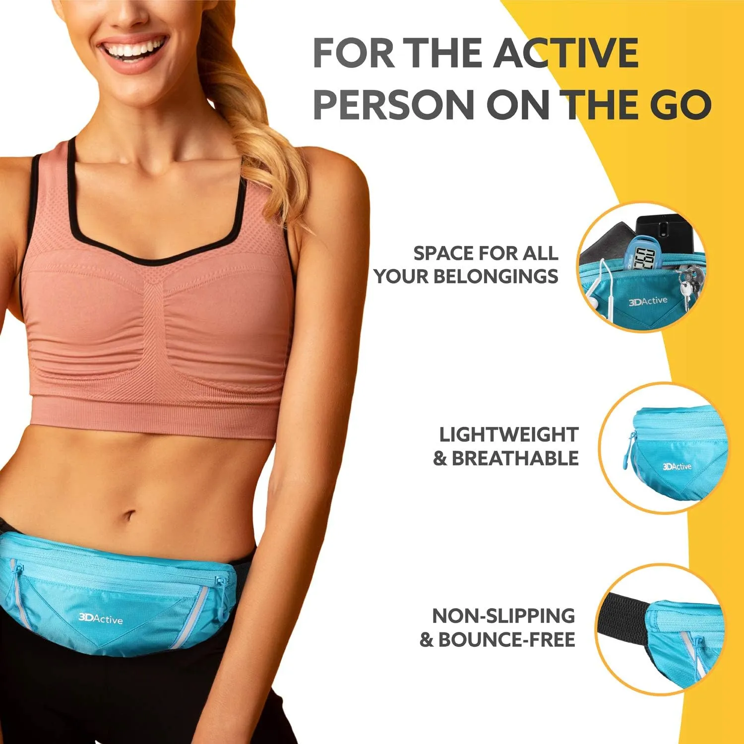 3DActive Running Belt PRO Waist Pack, Water Resistant Runners Belt, Workout Fanny Pack, Ultra-Lightweight, Adjustable, Reflective Running Pouch for Exercise, iPhone, Android & Accessories - Sky Blue