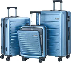3Pcs (20/24/28) Luggage Set, HardShell Lightweight TSA Lock Only 20" with Front Pocket, 21.65*15.35*7.87" Fits Overhead Cabin, 24" (26*17.7*10.2") and 28" (19.68*11.81*29.92") Checked Luggage, Blue