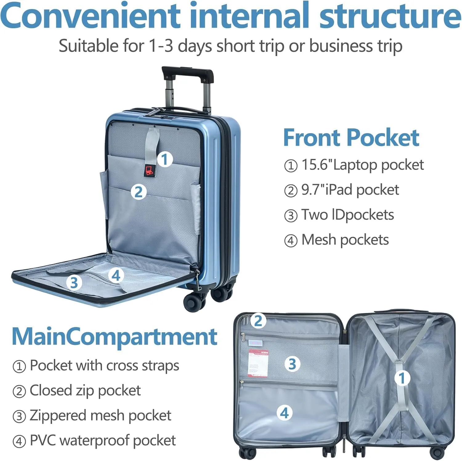 3Pcs (20/24/28) Luggage Set, HardShell Lightweight TSA Lock Only 20" with Front Pocket, 21.65*15.35*7.87" Fits Overhead Cabin, 24" (26*17.7*10.2") and 28" (19.68*11.81*29.92") Checked Luggage, Blue