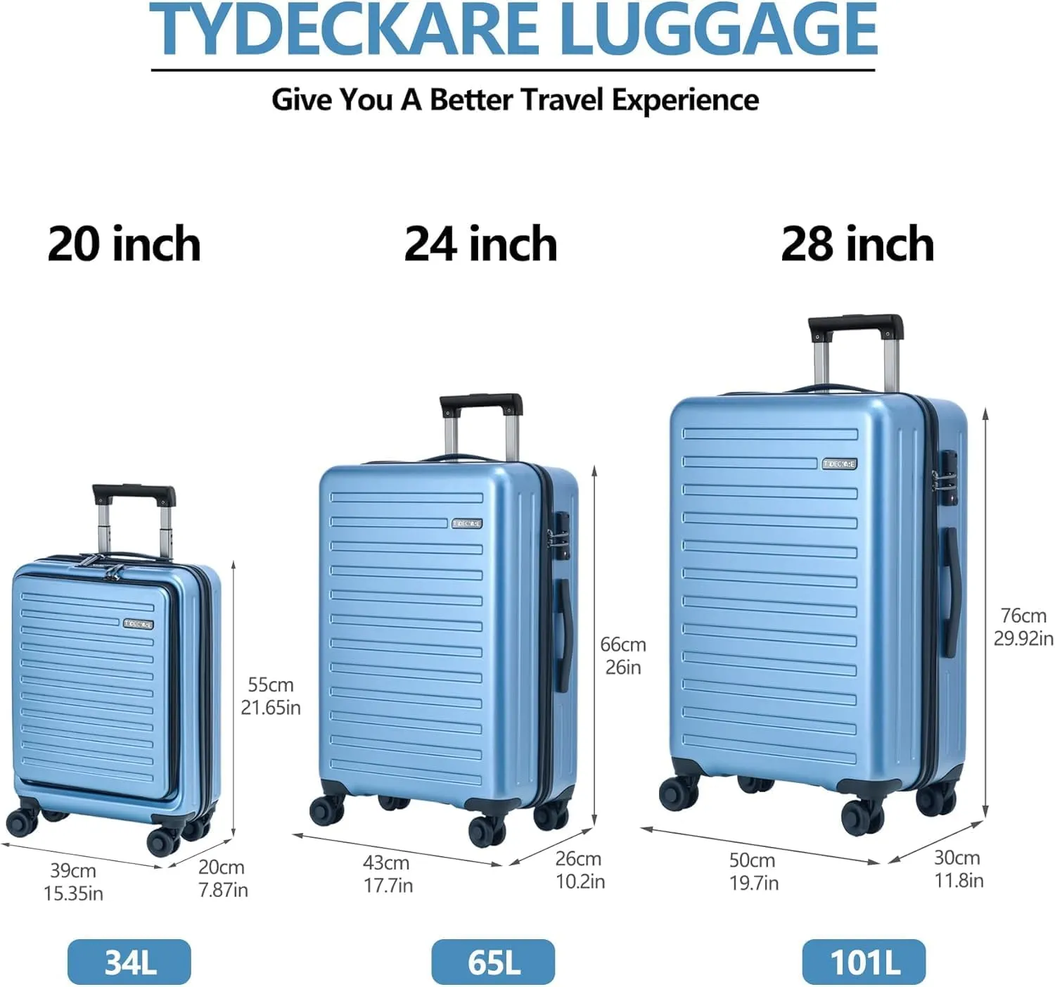 3Pcs (20/24/28) Luggage Set, HardShell Lightweight TSA Lock Only 20" with Front Pocket, 21.65*15.35*7.87" Fits Overhead Cabin, 24" (26*17.7*10.2") and 28" (19.68*11.81*29.92") Checked Luggage, Blue