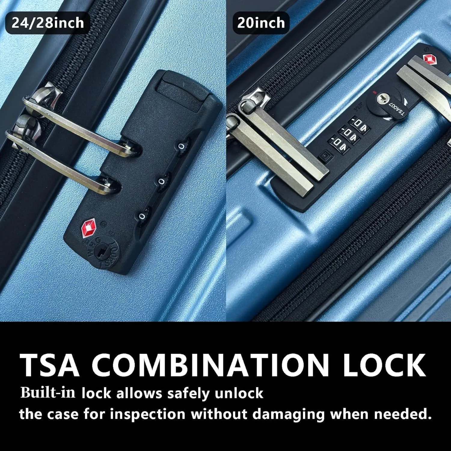 3Pcs (20/24/28) Luggage Set, HardShell Lightweight TSA Lock Only 20" with Front Pocket, 21.65*15.35*7.87" Fits Overhead Cabin, 24" (26*17.7*10.2") and 28" (19.68*11.81*29.92") Checked Luggage, Blue