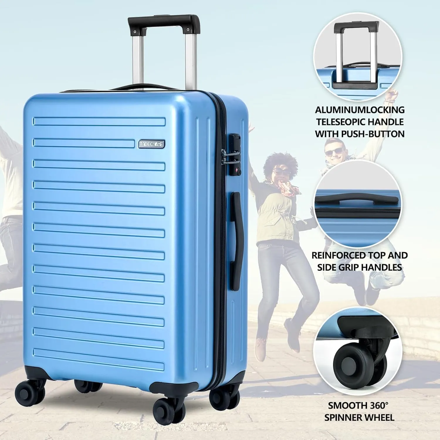 3Pcs (20/24/28) Luggage Set, HardShell Lightweight TSA Lock Only 20" with Front Pocket, 21.65*15.35*7.87" Fits Overhead Cabin, 24" (26*17.7*10.2") and 28" (19.68*11.81*29.92") Checked Luggage, Blue