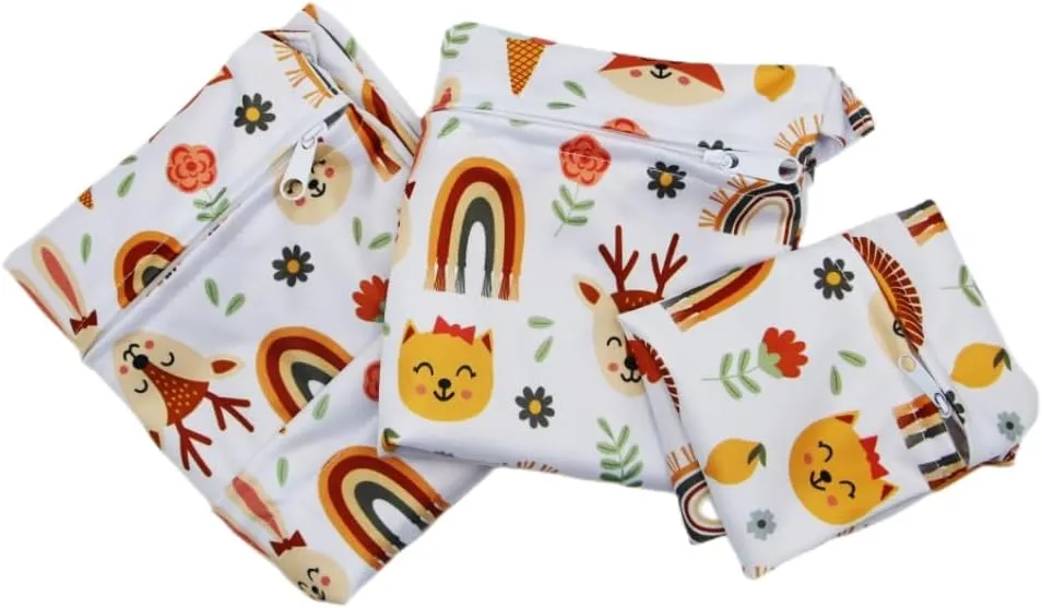 3pcs Cloth Diaper Wet Dry Bags Waterproof Reusable with Two Zippered Pockets Travel Beach Pool Daycare Soiled Baby Items Yoga Gym Bag for Swimsuits or Wet Clothes (rainbow fox)