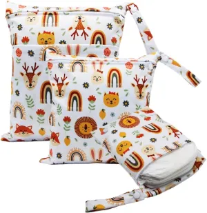3pcs Cloth Diaper Wet Dry Bags Waterproof Reusable with Two Zippered Pockets Travel Beach Pool Daycare Soiled Baby Items Yoga Gym Bag for Swimsuits or Wet Clothes (rainbow fox)