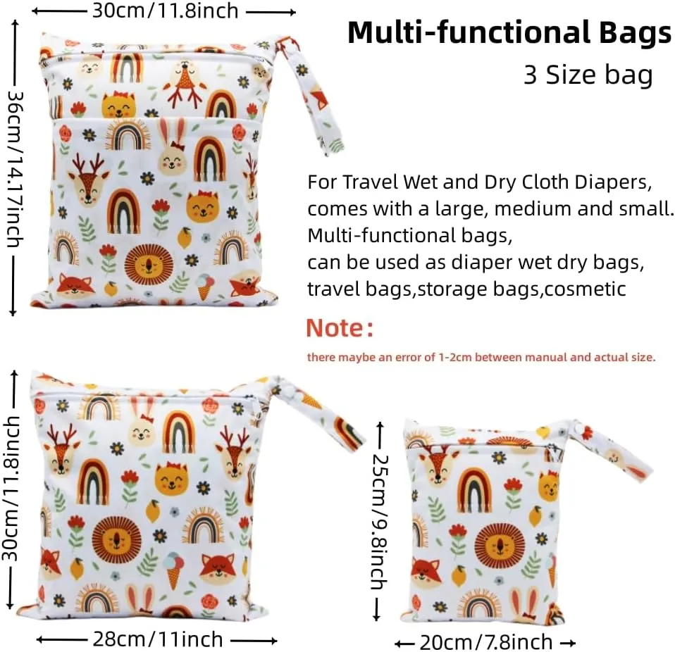 3pcs Cloth Diaper Wet Dry Bags Waterproof Reusable with Two Zippered Pockets Travel Beach Pool Daycare Soiled Baby Items Yoga Gym Bag for Swimsuits or Wet Clothes (rainbow fox)