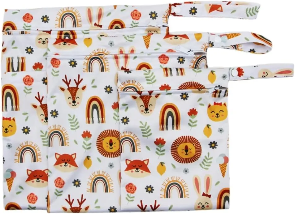 3pcs Cloth Diaper Wet Dry Bags Waterproof Reusable with Two Zippered Pockets Travel Beach Pool Daycare Soiled Baby Items Yoga Gym Bag for Swimsuits or Wet Clothes (rainbow fox)