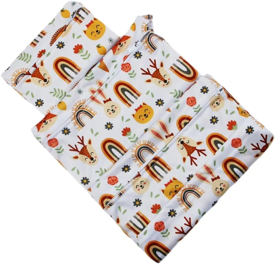3pcs Cloth Diaper Wet Dry Bags Waterproof Reusable with Two Zippered Pockets Travel Beach Pool Daycare Soiled Baby Items Yoga Gym Bag for Swimsuits or Wet Clothes (rainbow fox)
