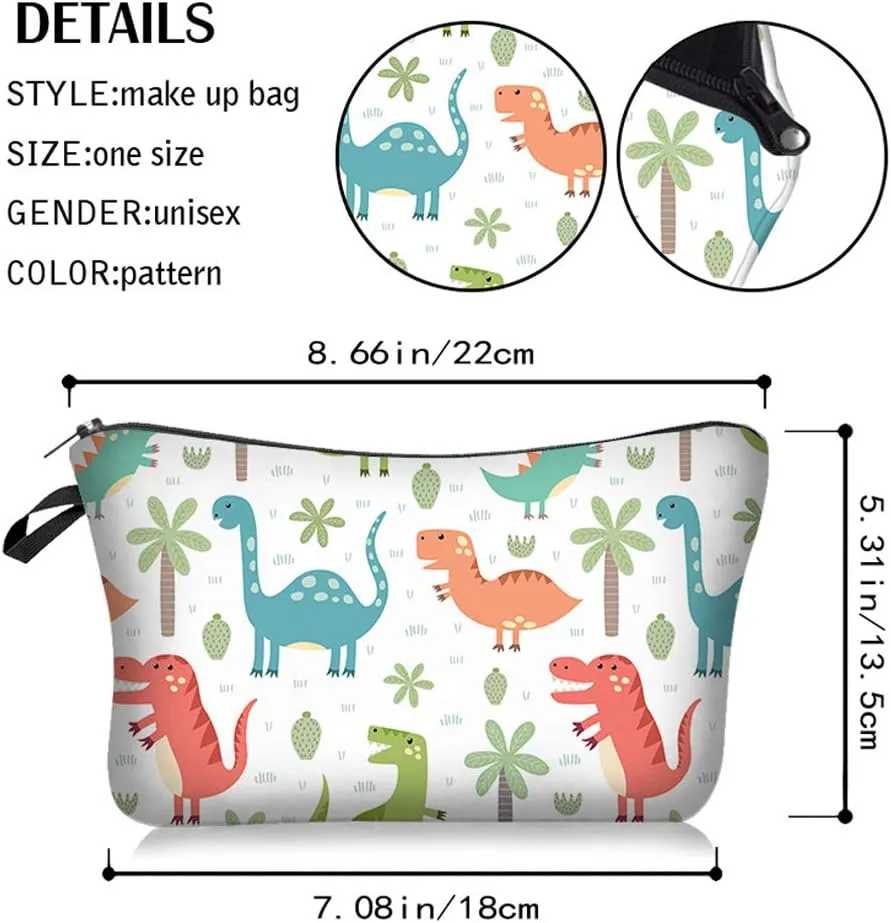 4 Pieces Set Makeup Bags Cute Cosmetic Pouch Allover Print Travel Zipper Cosmetic Organizer Stylish Toiletry Bag for Women Supplies Christmas (Dino)