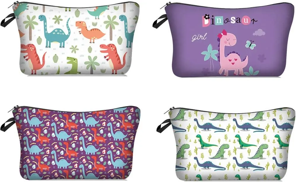 4 Pieces Set Makeup Bags Cute Cosmetic Pouch Allover Print Travel Zipper Cosmetic Organizer Stylish Toiletry Bag for Women Supplies Christmas (Dino)