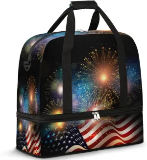 4th Of July Memorial Day Travel Duffel Bag for Women Men, American Flag Fireworks Sports Gym Bag with Shoes Compartment Foldable Overnight Bag Weekender Tote Workout Carry On Luggage Bag