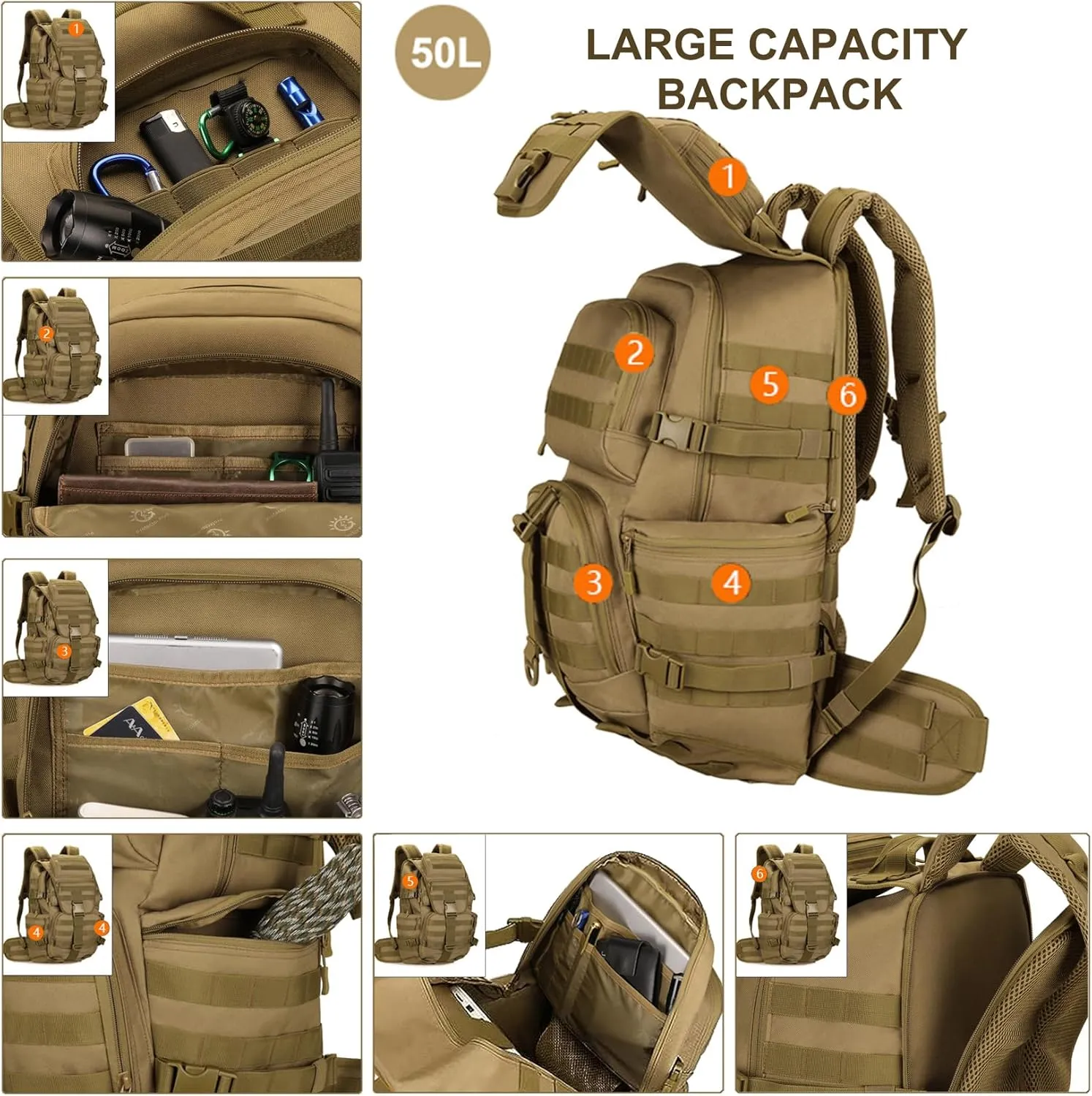 50L Military Tactical Backpack Molle Rucksack Large Army 3 Day Assault Pack Heavy Duty Backpack for Men (Brown)