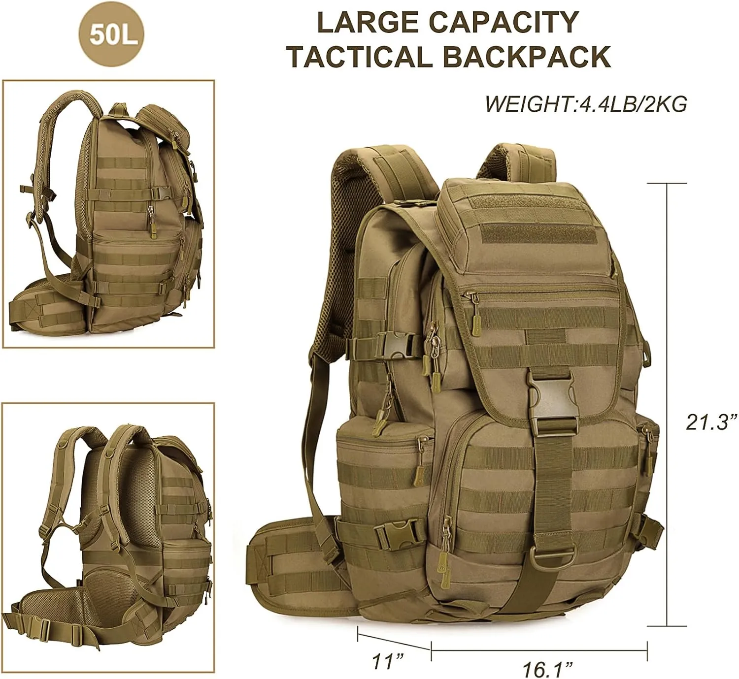 50L Military Tactical Backpack Molle Rucksack Large Army 3 Day Assault Pack Heavy Duty Backpack for Men (Brown)