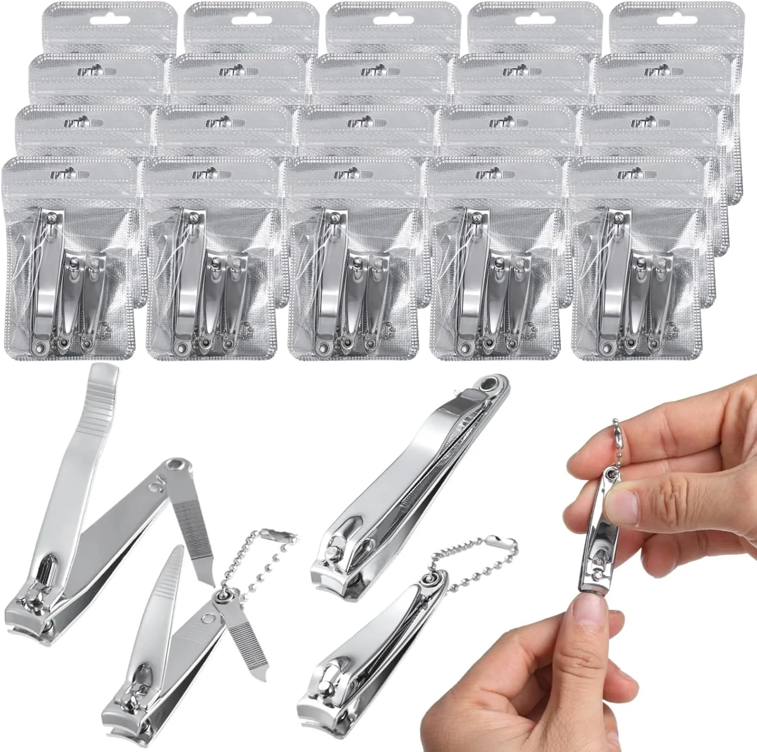 60 Pcs Nail Clippers Set, Includes 40 Small Clippers, 20 Large Clippers, and 20 Pouches, Stainless Steel Fingernail Clippers, Nail Cutter Tools with Keychain Holes for Men Women