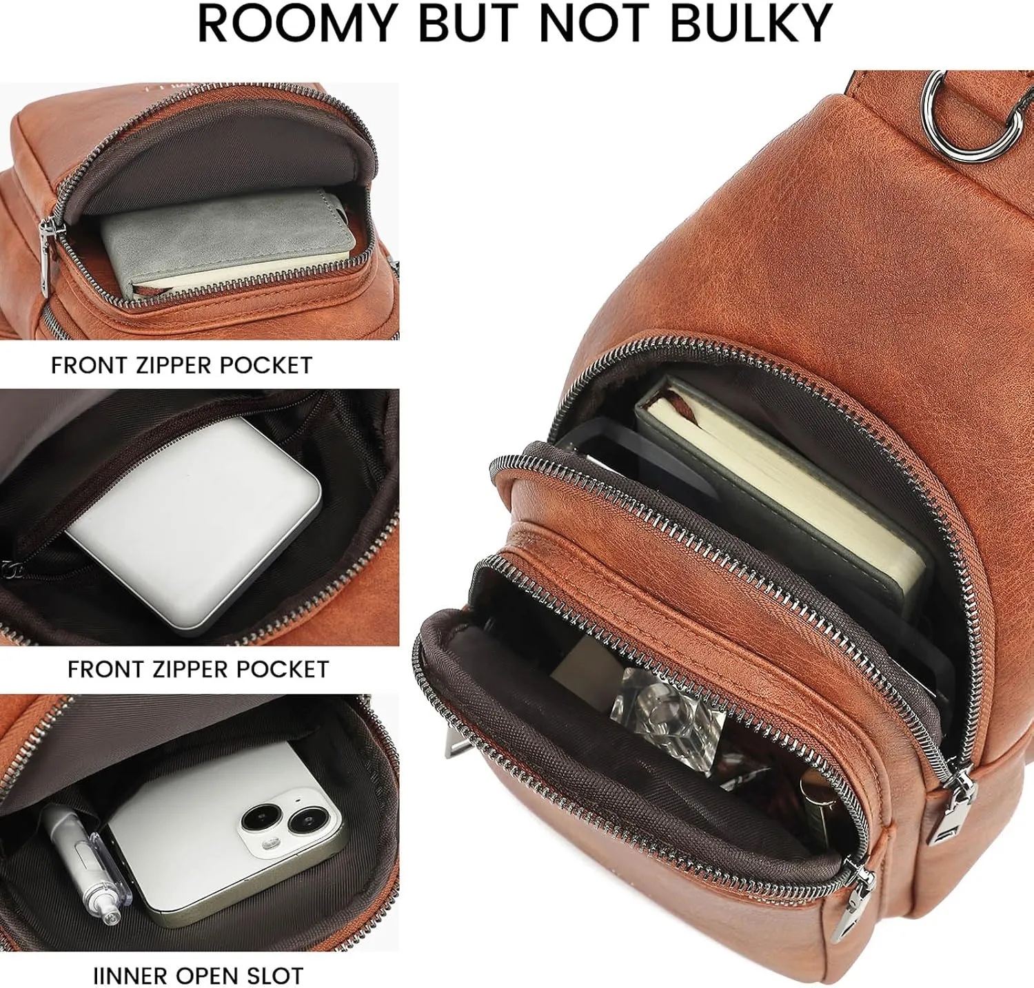 7L Sling Bags for Women Men Crossbody Bags Fanny Packs Chest Bags for Travel Sports Hiking Faux Leather Brown