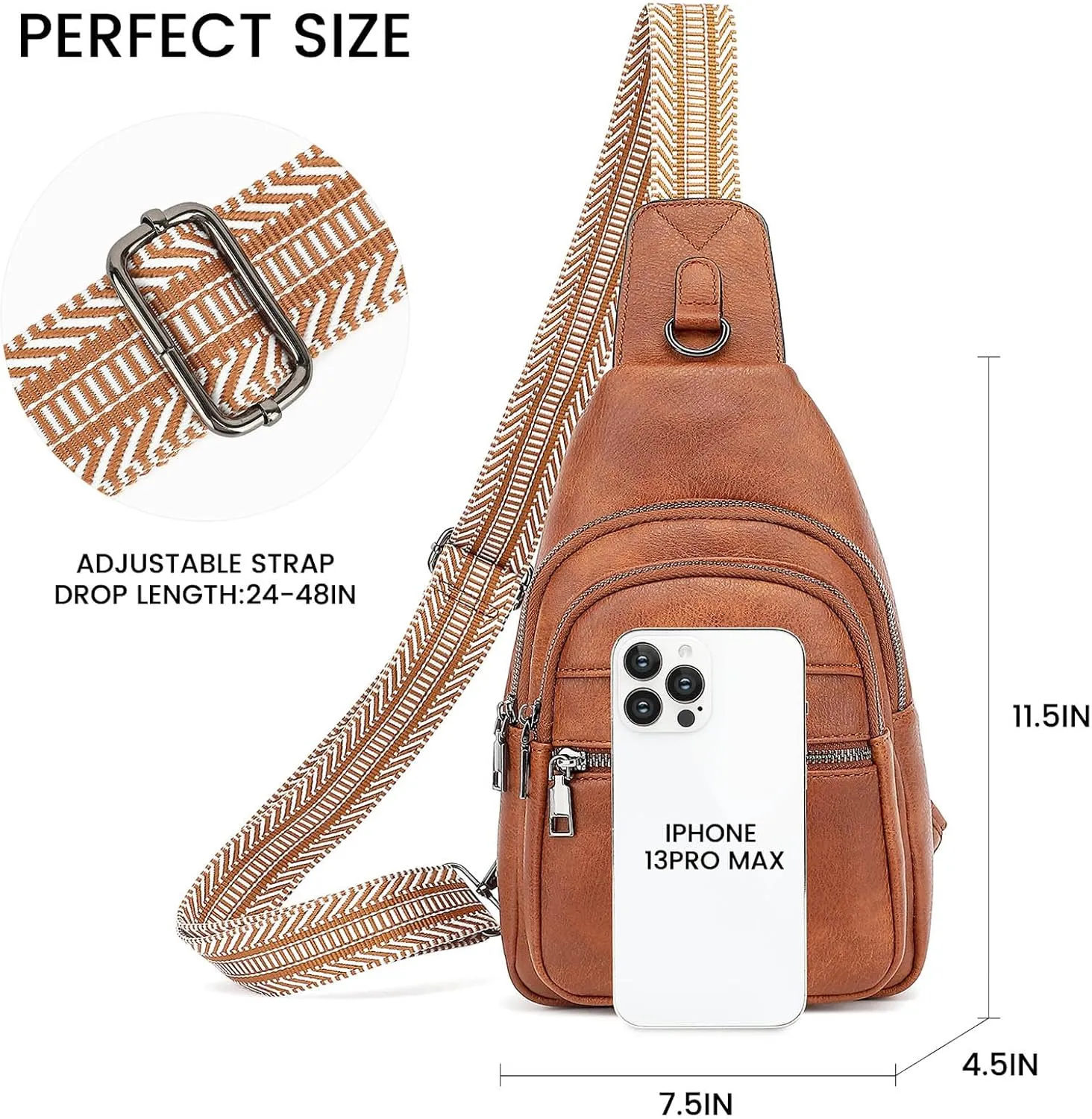 7L Sling Bags for Women Men Crossbody Bags Fanny Packs Chest Bags for Travel Sports Hiking Faux Leather Brown