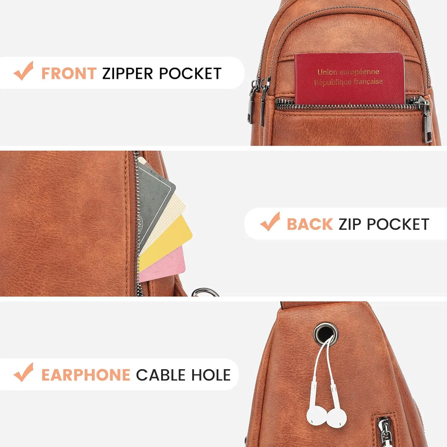 7L Sling Bags for Women Men Crossbody Bags Fanny Packs Chest Bags for Travel Sports Hiking Faux Leather Brown