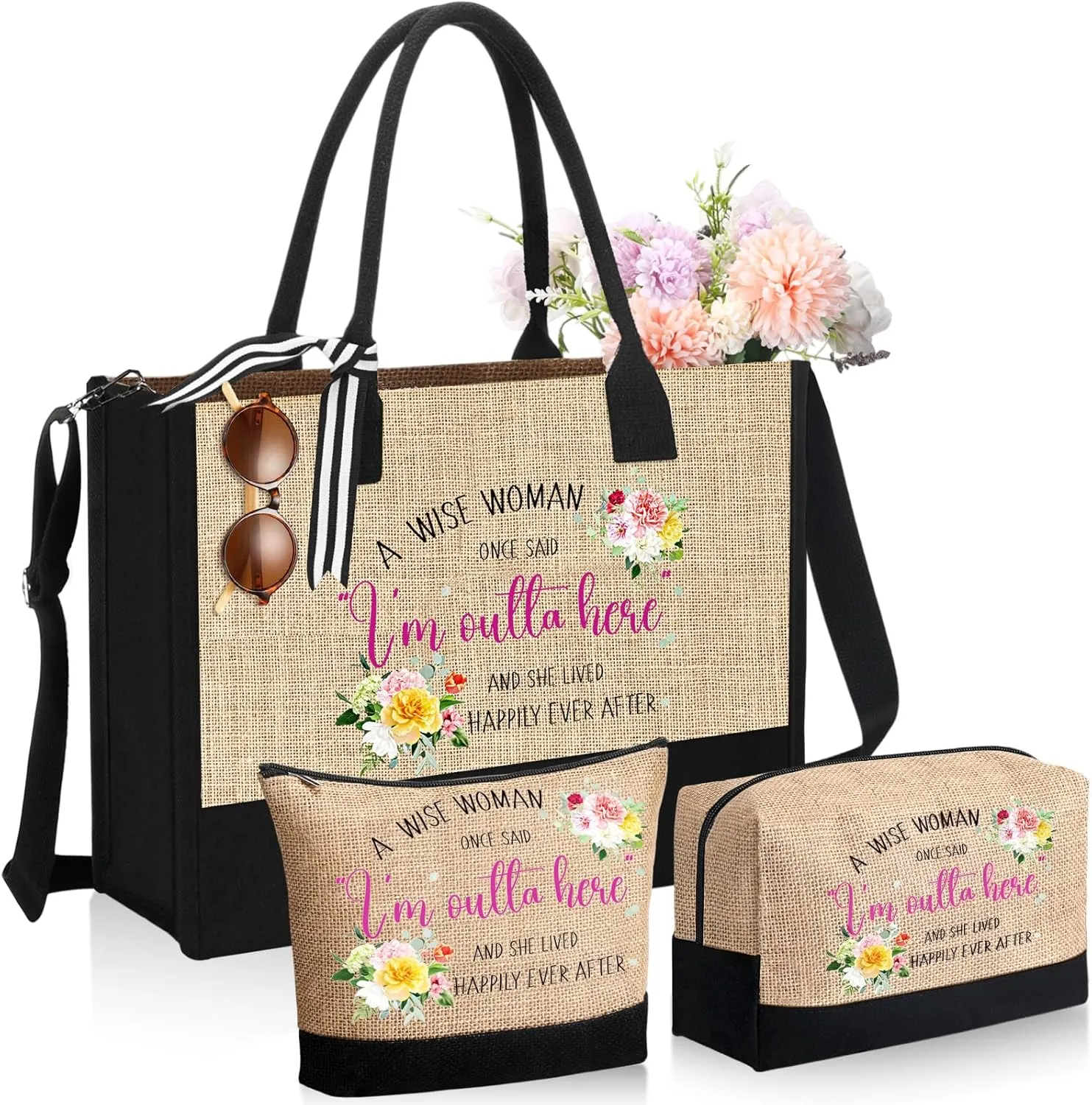 Abbylike 3 Pcs Retirement Gifts for Women 2025 Happy Retired Canvas Tote Makeup Bags Gift for Retirees Coworker