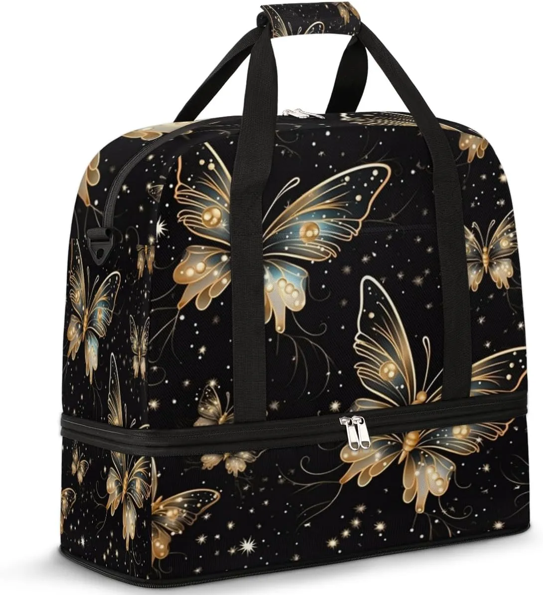 Abstract Butterfly Travel Duffel Bag for Women Men, Glowing Animal Sports Gym Bag with Shoes Compartment Foldable Overnight Bag Weekender Tote Workout Carry On Luggage Bag