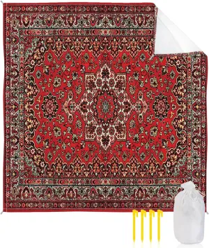 Abstract Red Beach Blanket Large with Stakes Waterproof Sandproof Beach Mat with Corner Pockets for Outdoor Travel Camping Hiking Picnic,Vintage Distressed Traditional Oriental Boho Tribal 83"x79"