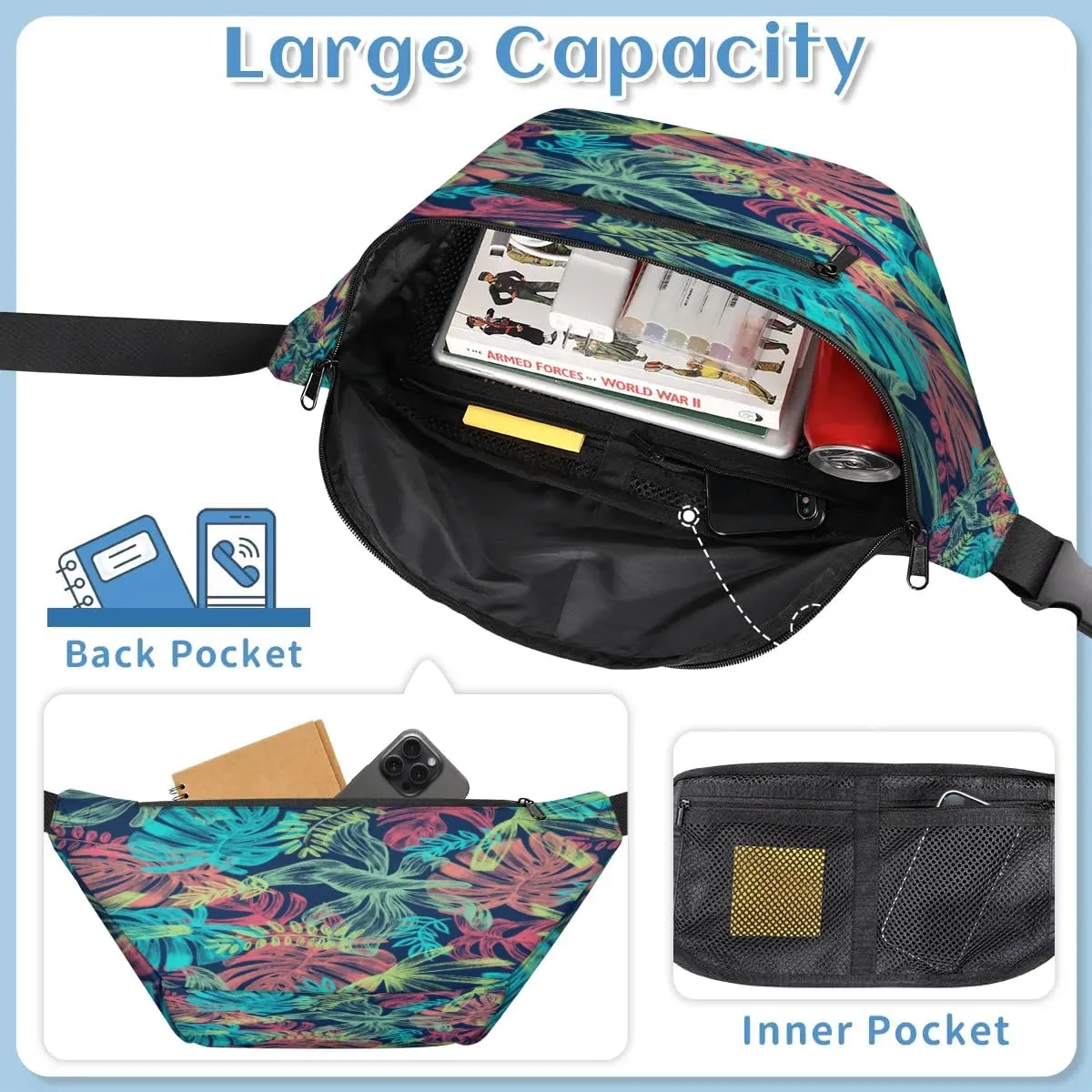 Abstract Tropical Leaves Crossbody Sling Bag for Women Men Crossbody Backpack with 4 Zipper Pockets Fanny Pack Shoulder Casual Daypack for Travel Running Hiking Cycling