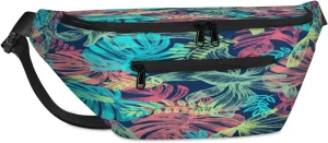 Abstract Tropical Leaves Crossbody Sling Bag for Women Men Crossbody Backpack with 4 Zipper Pockets Fanny Pack Shoulder Casual Daypack for Travel Running Hiking Cycling