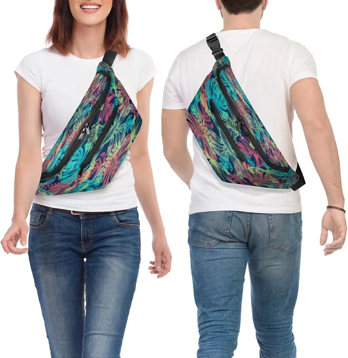 Abstract Tropical Leaves Crossbody Sling Bag for Women Men Crossbody Backpack with 4 Zipper Pockets Fanny Pack Shoulder Casual Daypack for Travel Running Hiking Cycling
