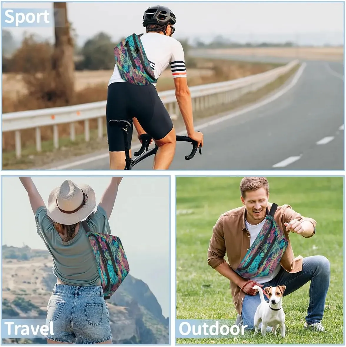 Abstract Tropical Leaves Crossbody Sling Bag for Women Men Crossbody Backpack with 4 Zipper Pockets Fanny Pack Shoulder Casual Daypack for Travel Running Hiking Cycling