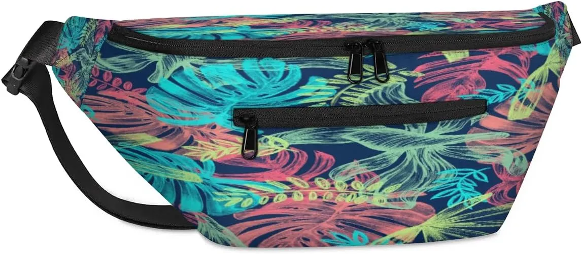 Abstract Tropical Leaves Crossbody Sling Bag for Women Men Crossbody Backpack with 4 Zipper Pockets Fanny Pack Shoulder Casual Daypack for Travel Running Hiking Cycling