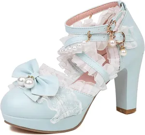 AIMODOR Women Kawaii Shoes Platform Heels Mary Jane Shoes Cute Lace Lolita Bow Pearl Block Heels Mary Janes Pumps