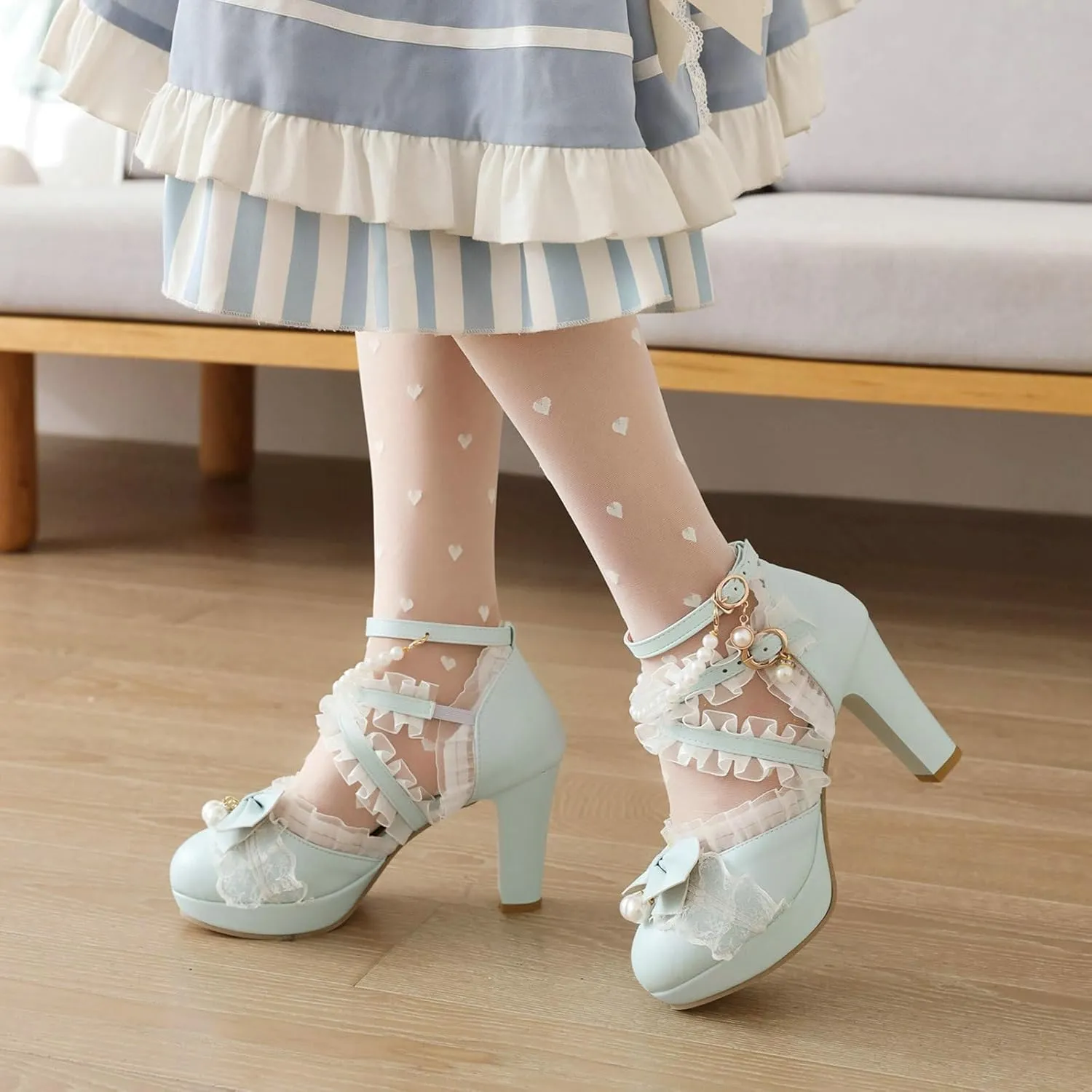 AIMODOR Women Kawaii Shoes Platform Heels Mary Jane Shoes Cute Lace Lolita Bow Pearl Block Heels Mary Janes Pumps
