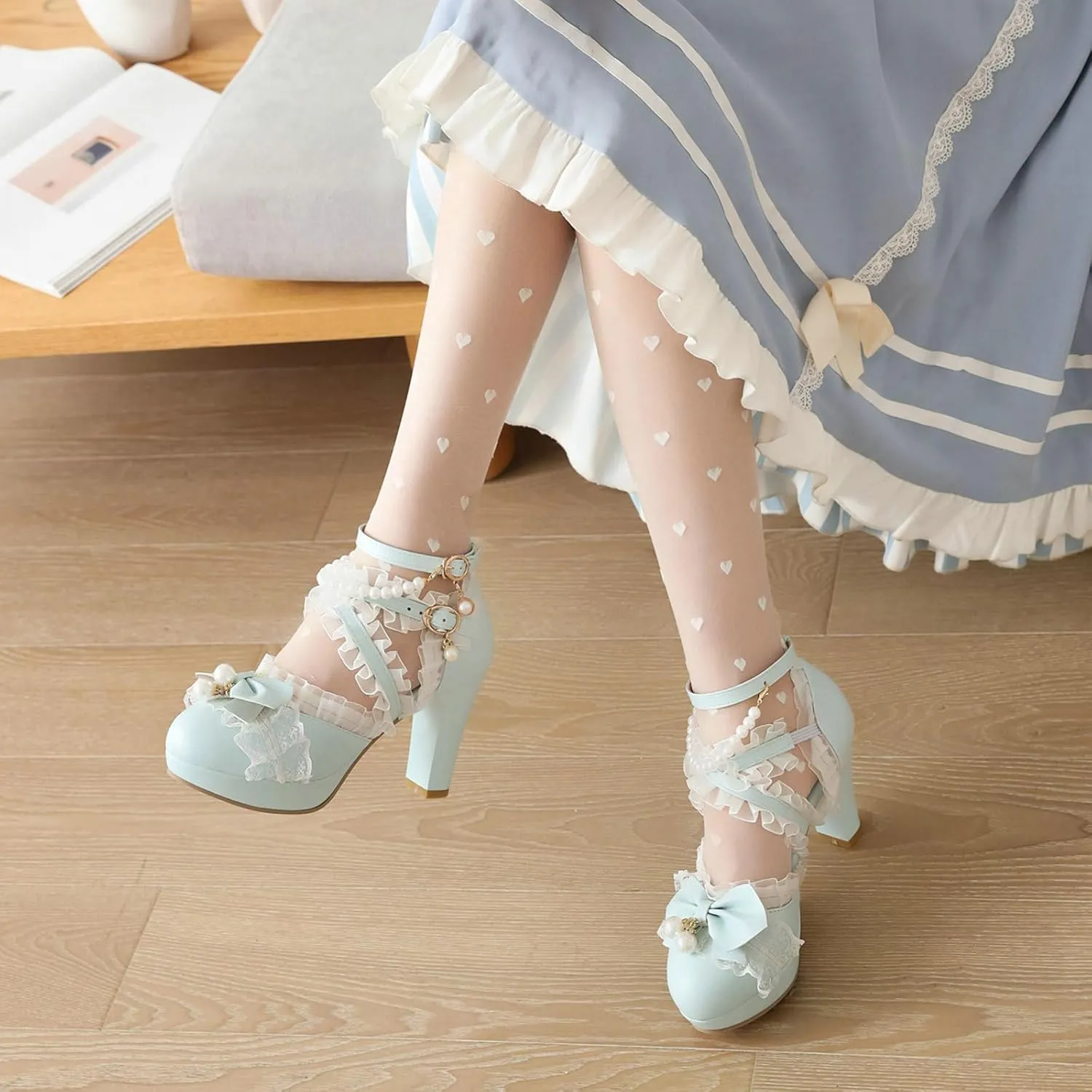AIMODOR Women Kawaii Shoes Platform Heels Mary Jane Shoes Cute Lace Lolita Bow Pearl Block Heels Mary Janes Pumps