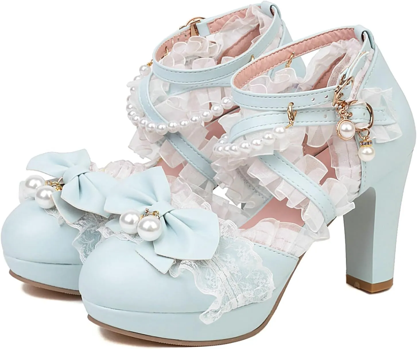 AIMODOR Women Kawaii Shoes Platform Heels Mary Jane Shoes Cute Lace Lolita Bow Pearl Block Heels Mary Janes Pumps