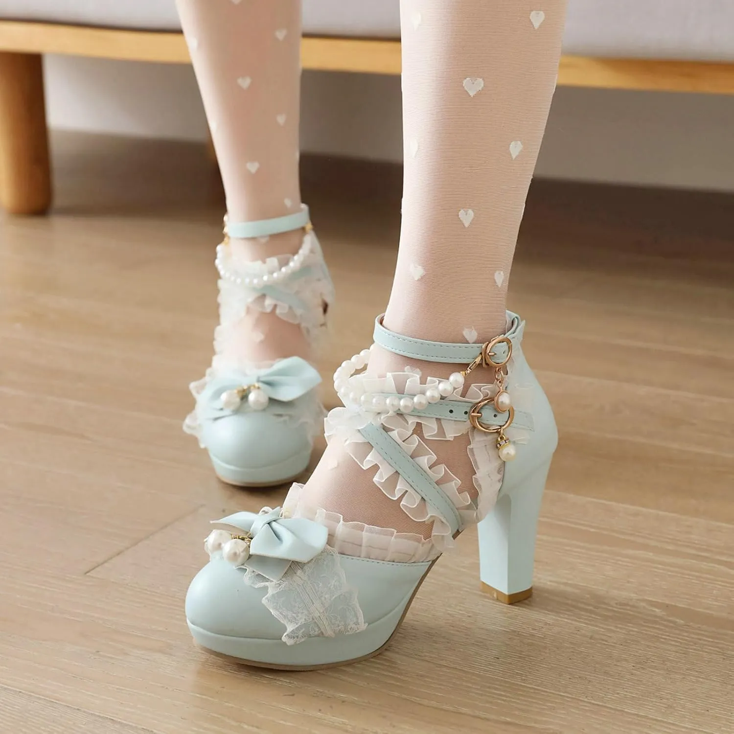 AIMODOR Women Kawaii Shoes Platform Heels Mary Jane Shoes Cute Lace Lolita Bow Pearl Block Heels Mary Janes Pumps